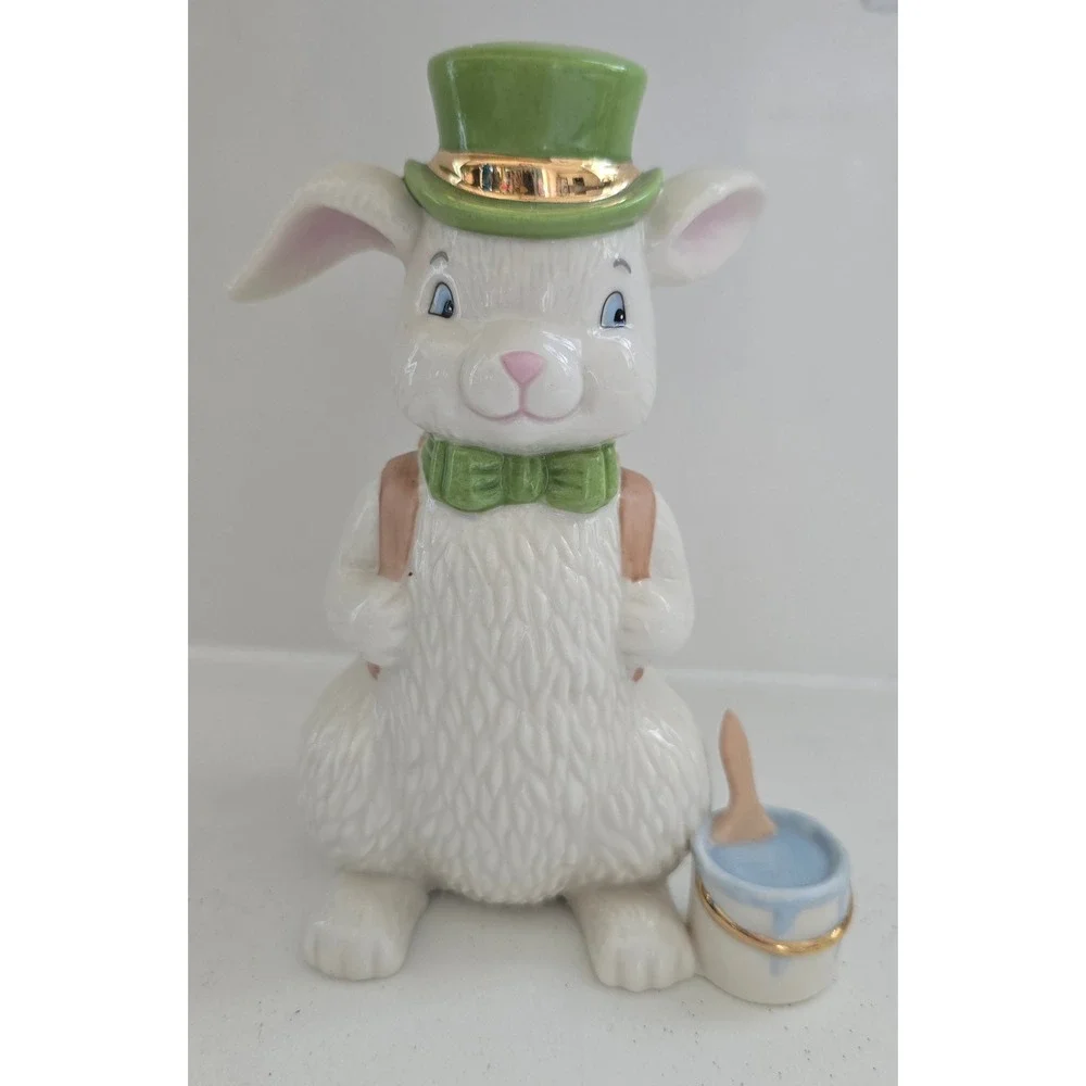 Lenox Porcelain Easter Painter Bunny Figurine Green Hat Gold‎ Trim White Rabbit